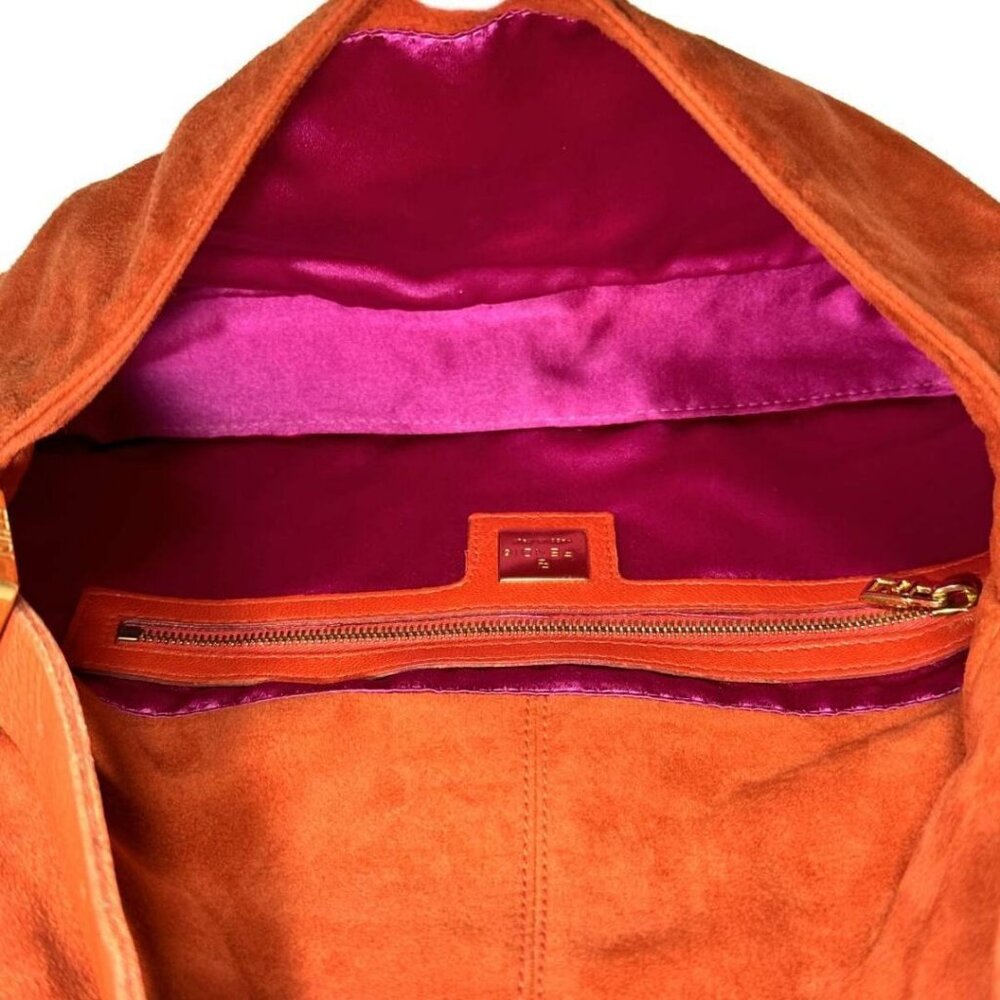 Authentic FENDI Mamma Baguette Orange Suede Gold Glitter Flap Shoulder Bag Purse - Picture 3 of 8
